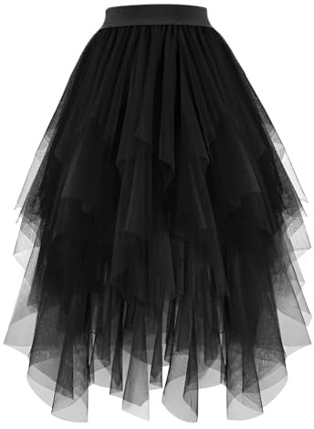 JasGood Damen Tüllrock High Low Layered Unregelmäßig Tüll Rock Damen A-Linie Midirock Ballett Tutu Abschlussball Karneval Party Rock,Schwarz,M