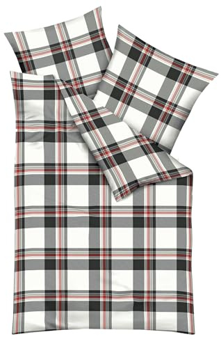 Kaeppel Fein Biber Bettwäsche 2 TLG. 135x200cm Cottage Anthrazit Streifen Grau Rot Offwhite RV
