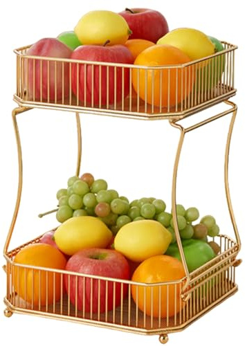 DAGLLGEW 2 Tier Fruit Basket Detachable Organizer Fruit Tray Metal Hollowed-Out Gold Basket for Bread Vegetable Fruits Cosmetics Kitchen Countertop