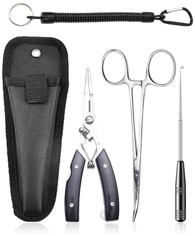 Multifunktionale Angelzange Set,Edelstahl Angeln Zangen Angel Werkzeug Fisch Greifermit Lanyard,5 Stück Tragbare Angelhaken Entferner Stahl Hakenlöser Angelwerkzeuge für Süßwasser Salzwasserfischen