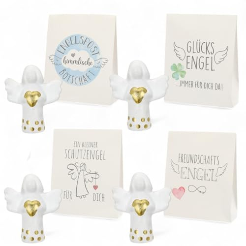MIJOMA 4er Set Schutzengel mit Spruch in Geschenktüte – Mini-Engel ca. 5 cm mit Herz – Deko-Engel, Glücksbringer, Freundschaftsengel, Engelspost, Mitbringsel