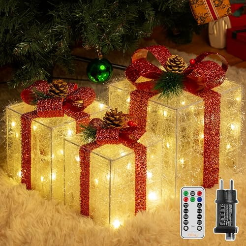 Ollny LED Weihnachtsdeko innen mit Timer, 3er Set Geschenke Leucht Boxen mit Rote Schleife, warm weiß mit 8 Modi und Dimmbar, Weihnachten Advent Deko Beleuchtung, Strombetrieben