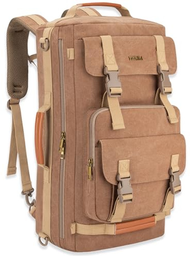 Tzowla Canvas reseryggsäck 3-i-1 konverterbar ryggsäck duffelväska lämplig för 17 tums bärbar dator, BRUN, L-40 Liter