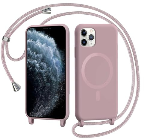 AOMYKE Handyband für iPhone 11 Pro Hülle mit Band, Magnetisch Handyhülle kompatibel mit Magsafe zum Umhängen Schutzhülle mit Kette Kordel Weich TPU Liquid Silikon Case，Pink
