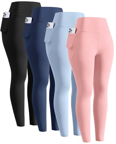 ATTIQOZI 4 Pack Sportleggings Mädchen Lang Mit Handytasche Komfortable Hohe Taille Sporthose Elastisch Yogahose Kompressionsleggins Tanzhose für Jogging Gymnastik Sc/Dunkelblau/Blau/Rosa L
