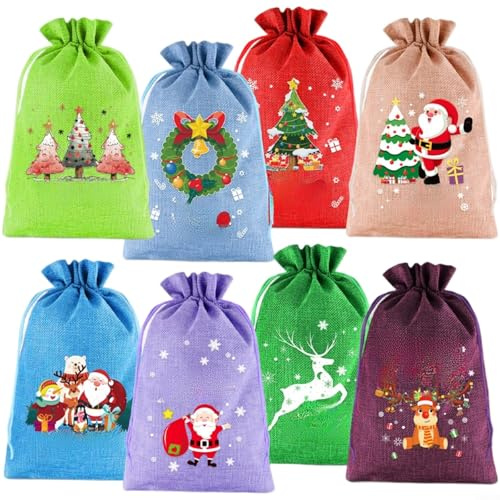 Entgoinggo Weihnachts-Geschenktüten mit Kordelzug, Weihnachts-Geschenkverpackungstüten, Geschenktüte 20 x 30 cm, Polyester-Stoff, Geschenksäcke für Feiertagsparty (8 Stück-B)