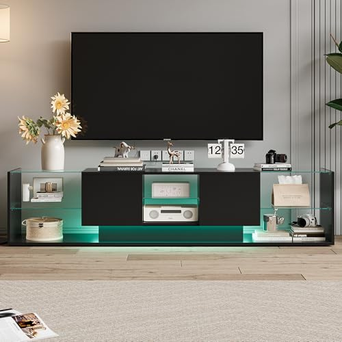 Meuble TV avec Lumières LED et étagères en Verre, Armoire à côté de la Télévision avec Rangement, Banc TV Meuble de télé sur Pied Salon, Moderne (Noir)