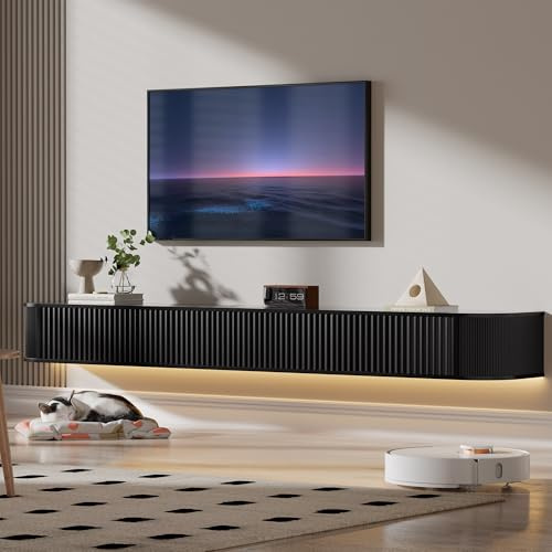 PURFINO Schwebender TV Schrank mit RGB-LED-Leuchten – 200CM Wandmontierter Fernsehschrank Weiss mit 31cm Tiefe und Verbessertem Stauraum, Moderne TV Unterschrank für 75-85 Zoll Fernseher