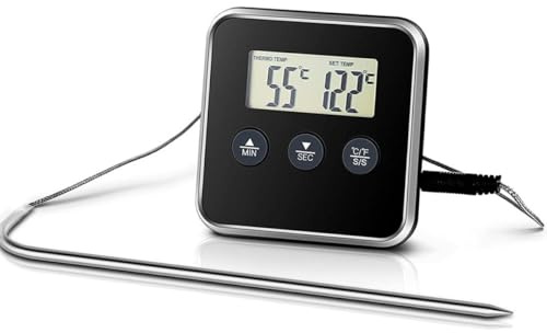 Healeved Termometro Digitale per Alimenti Timer da Cucina Multifunzione, Sonda per Carne e Barbecue, Allarme Temperatura Regolabile, Magnete e Supporto per Uso Domestico e Professionale