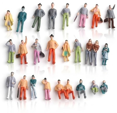 KAHZOR 50 Mini Figurines Personnages, 1:75 Petits Personnages Miniatures H-25mm pour Modèles de Train HO, Décoration de Paysage, Dioramas et Projets Miniatures