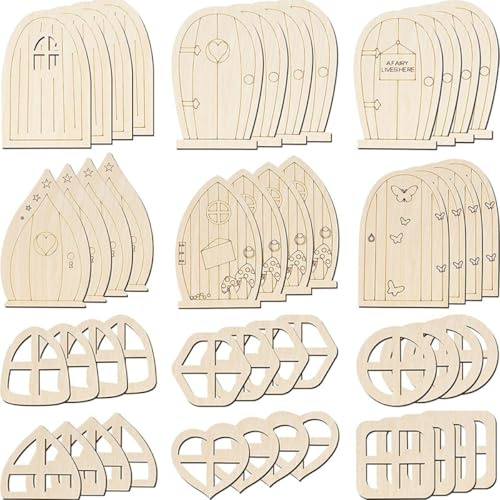 YARNOW 48 Piezas de Puertas de Hadas de Madera para Proyectos DIY, Adornos para Habitación Infantil y Manualidades Diseño Miniatura y Color Caqui