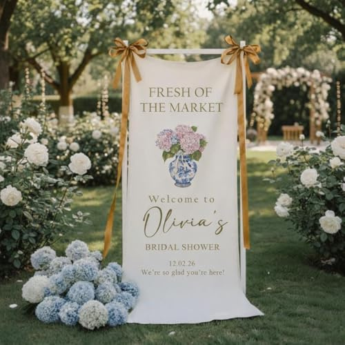 Fresh Off the Market Bridal Shower Sign - Personalized Chinoiserie Farmers Market Theme Tapestry - Blue and White Ginger Jar Welcome Banner - Shes Off the Market Decor - Hydrangea Bride to be Party Banner