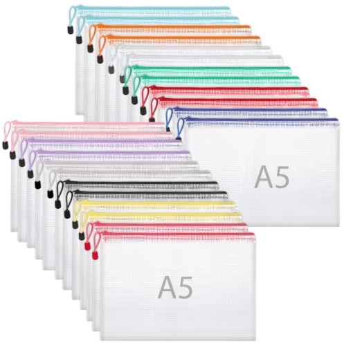 24 Stück Dokumententasche A5, PVC Dokumentenmappe mit Reißverschluss | Wasserdichte mit Aufhängeschlaufe Etiketten Dokumententaschen Zip Beutel für Unterlagen Büro Schule Reise (12 Farben)