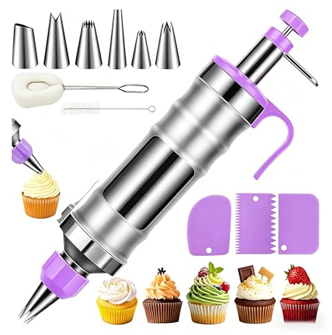 LUBEWISE - Set di siringhe per torte, in acciaio inox, siringa per panna con 6 beccucci da pasticceria, set per decorare torte, cupcake, torte, pasticceria (viola)