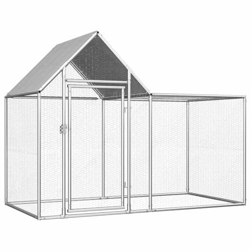 Mhdvray Pollaio 2 x 1 x 1,5 m, in acciaio zincato, stabile recinto per pollame, con tetto e porta chiudibile, recinto per polli, anatre, oche, piccoli animali, colore argento