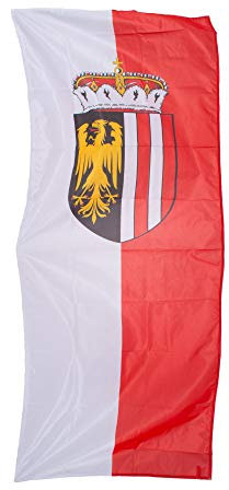 Fahnen Kössinger Bannerfahne mit Hohlsaum ohne Querstab, Oberösterreich mit Wappen, hochwertiger Siebdruck, weiß-rot, doppelte Sicherheitsnähte, 110 g/m² Polyester-Gewirke, UV-beständig, 120 x 300 cm