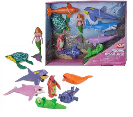 Wild Republic Mermaid Moveable Action Playset, Aquatic Animals, Kids Gifts, Water Toys, 9-Pieces