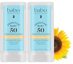 Babo Botanicals Sensitive Baby Mineral Sunscreen Stick SPF 50 - 70% Organic Ingredients - Zinc Oxide - NSF & MADE SAFE and EWG Certified - Water Resistant - Fragrance-Free - Babies & Kids - 2-Pack