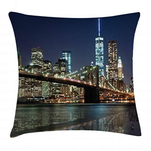 ABAKUHAUS Nueva York Funda para Almohadón, Puente de Brooklyn, Decorativo, Estampado en Ambos Lados, 40 x 40 cm, Azul Oscuro