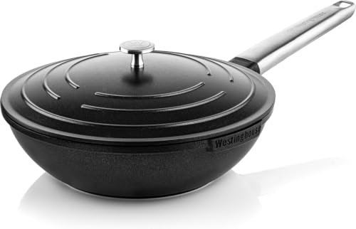 Westinghouse USA Performance Series Poêle wok anti-adhésive avec couvercle – Batterie de cuisine en fonte d'aluminium avec revêtement QuanTanium – Passe à l'induction et au four – Poignée en acier