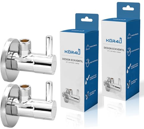 kör4u 2er Set Design Eckventil 1/2 x 3/8 Zoll, rundes Wasserabsperrventil, Chrom, Schnellverschluss, für Bad & Küche, inkl. Rosette
