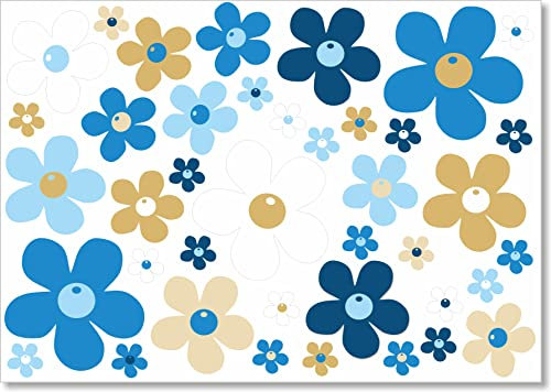 beihaasnatuerlich 40 Blumen Aufkleber – Retro Prilblumen Aufkleber für Küche, Bad, Auto, Fahrrad, Laptop, Koffer, Bobbycar und Roller – UV-beständig, Kratzfest, Wetterfest Outdoor Sticker (Blau)