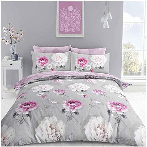GC GAVENO CAVAILIA Grey Blush Pink Complete Bedding King, Reversible Floral Duvet Cover, Ultra Soft & Cosy Pillowcases With Floral Fitted Sheet, 4 Pieces