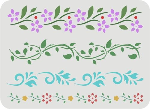 FINGERINSPIRE Flower Border Stencil 4 Style 29.7x21cm Wiederverwendbare Blumenschablone Rankenmuster Schablone Efeu Dekorationsvorlage zum Malen auf Wand, Möbel, Stoff, Holz und Papier