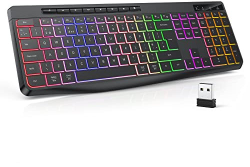 TECURS Wireless Keyboard QWERTY UK Layout, 2.4G Wireless Gaming Keyboard, LED Backlit, Ergonomic, Quiet, Rechargeable, Full Size Keyboard with Multimedia Keys for Computer/PC/Laptop/MAC/Windows