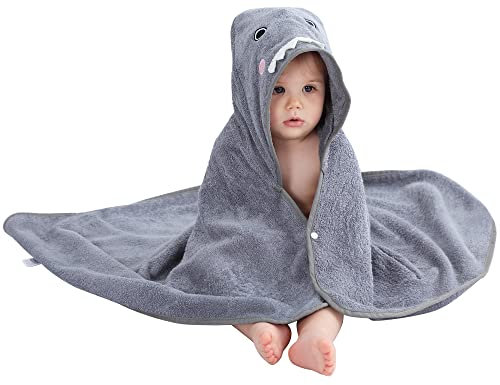 COOKY.D Asciugamano con Cappuccio in Bambù per Neonati e Bambini Coperta Indossabile con Cappuccio a Forma di Animale Taglia Grande,Squalo 75x100 cm