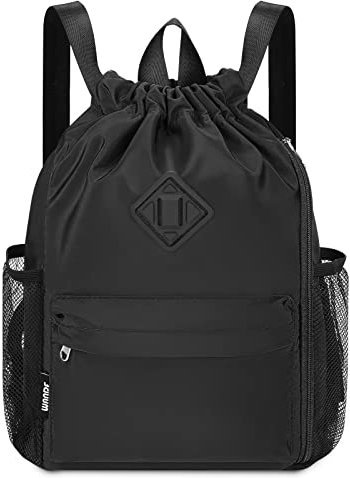 WANDF Zaino con coulisse, borsa sportiva con scomparto per scarpe, zaino cinch impermeabile per uomini e donne (Piccolo, Nero)