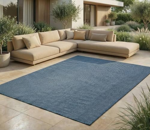 Jimri In- & Outdoor Teppich - Wetterfester Teppich für Balkon, Terrasse, Garten, Wohnzimmer, Küche - Strapazierfähiger Bodenteppich, Widersteht UV-Strahlen & Wasser - Größe 200 x 280 cm, Blau