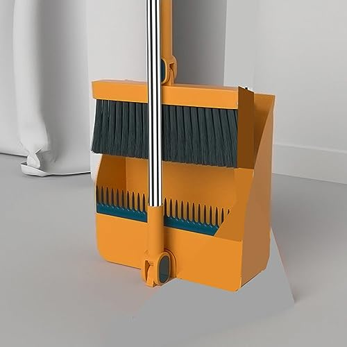 BBTISG Dustpan and Brush Set, Long Handled Dustpan and Brush Upright Adjustable Broom and Dustpan Set for Home Kitchen Room Office Lobby (Yellow)