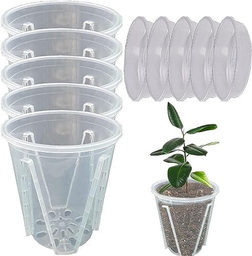 5 Stück Orchideentopf Kunststoff Orchideen Pflanztöpfe Orchideentöpfe mit Abflusslöchern Und Untertassen, Anzuchttöpfe Geschlitzter Blumentopf für Indoor Outdoor Garden Balkon (12cm mit Tablett)