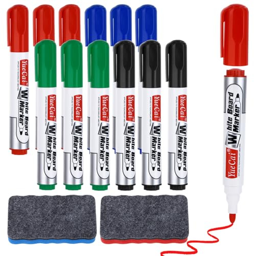 Zuimei 12PCS Whiteboard Pens Markers with 2PCS Magnetic Erasers, 4/12 Colors Dry Erase Markers Dry Wipe Pens for Whiteboard,Whiteboards,School,Office,Home (4 colors)