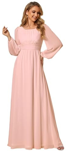 Ever-Pretty Women's Bright Round Neck Long Sleeve Chiffon Floor Length Evening Dresses ES0106B | Crewneck, Floor Length, A-Line, Smocked Waist, Mother of the Bride Dresses, Bridesmaid Dress, Evening Gown