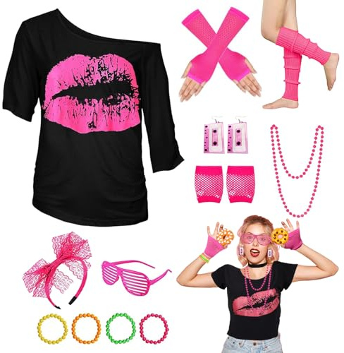 80er Jahre Outfits Damen Set, 80er 90er Jahre Kostüm Outfits Zubehör mit T-Shirt Stirnband Ohrring Halskette Netz-Handschuhe Neonbrille Beinstulpen für 80 Jahre Karneval Faschingskostüme (2XL)