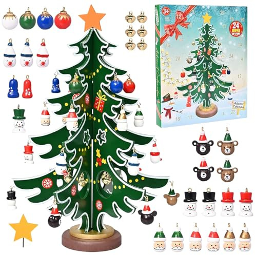 DOWNDRIFT Adventskalender 2025 mit Hölzernen Weihnachtsbaum und 30 Ornamenten 24 Tage Countdown bis Weihnachten DIY Weihnachtsbaum mit 30 Anhänger Adventskalender Weihnachtsgeschenke für Kinder