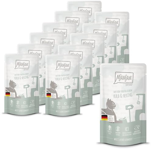 MjAMjAM - Nourriture humide premium pour chats - Quetschie - DUO d'excellent veau & hareng, paquet de 12 (12x125g), sans céréales