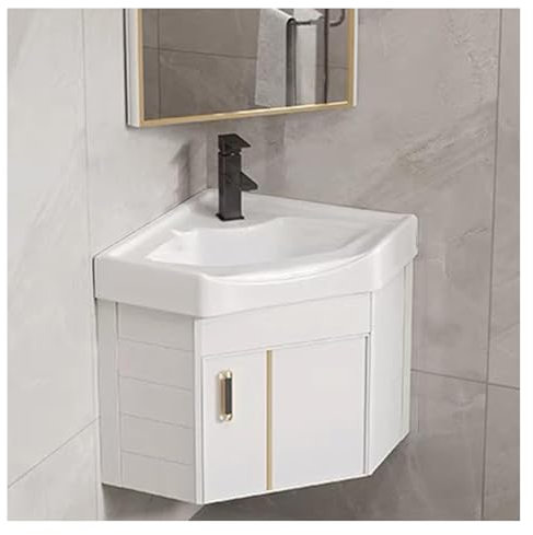 Lavabo de Esquina con Armario, Mueble de baño, Lavabo de Esquina for Montaje en Pared con Almacenamiento(White,38cm/14.9in)