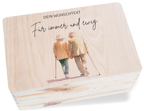 Holzkiste Erinnerungsbox - Pärchen - Altes Paar Für immer und ewig mit Wunschtext personalisiert I Hochzeitstag Geschenk Ehepaar SiIberhochzeit Geschenk Goldene Hochzeit - 30x20x14 cm - Holz