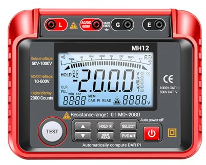 ERYUE Misuratore di Resistenza di Isolamento Misuratore Tensione Megaohmmetro Ad Alta Precisione per Test Riparazione Manutenzione Verifica Trasformatori Motori Cavi Elettrodomestici,Rosso