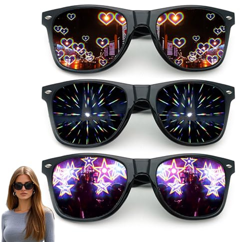 LIULINY 3 Stück Diffraction Brille Effekt, Diffractions Party Brille, Diffraction Glasses mit 3D Prisma Herz Stern Effekt, Spezialeffektbrillen, Rave Brillen für Karneval Musikfestivals Party