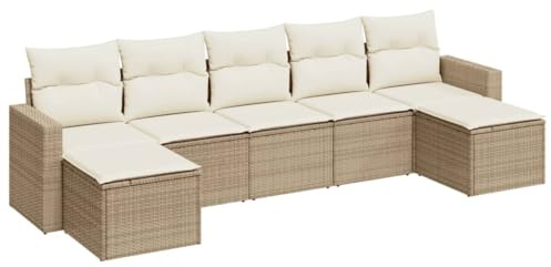 Mhdvray 7-Modul Gartensofa Beige Poly Rattan 55x62x69 cm mit Stauraum & cremeweißen Kissen platzsparendes loungesofa Outdoor für kleine Balkone Terrasse und Innenhof