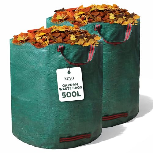 Zuvo Garden Waste Bags 500L (Pack of 2) Large Heavy Duty Reusable Garden Bags with Handles - Green Waste Sacks for Leaves, Branches, Hedge Cuttings & Garden Rubbish | Foldable Garden Sacks
