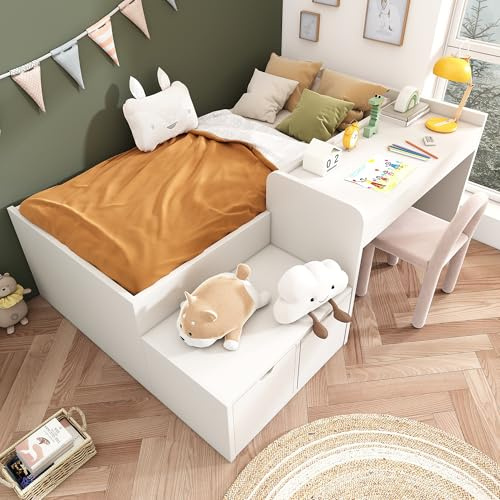 Kinderbett Halbhochbett 90x200 cm, Einzelbett mit Schreibtisch und Schubladen, Massiveholz Stauraumbett Holzbett Funktionsbett Jugendbett mit Lattenrost, Bettgestell aus Holz, Weiß, ohne Matratze