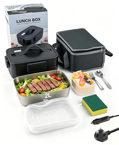 Onalix Scaldapranzo Elettrico da 2 Litri, Alimentazione 12V/24V/220V, Vassoio in Acciaio Inox Rimovibile, Set di Posate, Contenitore per Frutta e Spugna – Perfetto per Auto, Camion, Ufficio