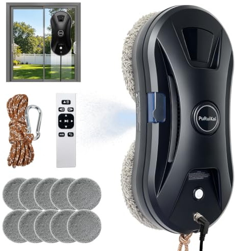 PuRuiKai Robot Lave-vitres Automatique 5600Pa | Robot nettoyage, 5600Pa & anti-chute, pulvérisation d'eau, télécommande, 3 Modes de Nettoyage
