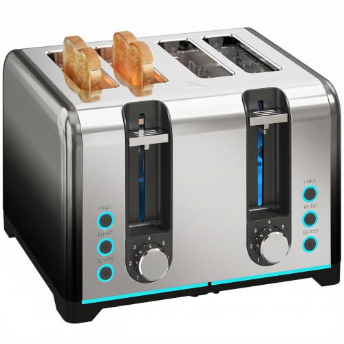 HOMCOM Tostadora 4 reban. 7 niveles tostado recalentamiento 1860W Negro | Descongelación, Cancelar, Tapa enrollable, Ranuras auto-centrantes, Apagado auto, Bandeja migas, Rejilla calentamiento.