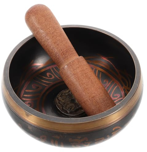 TOMETURE Bol Chantant Tibétain Bol Musical en Cuivre et Bois avec Maillet en Bois, Design Traditionnel Bouddhiste, pour Yoga et Chant, 11,5cm